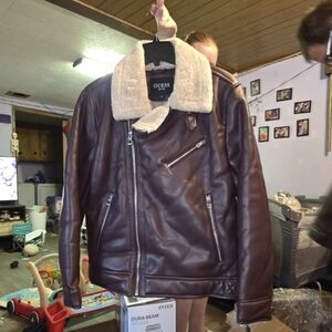 GUESS Men's Brown Leather Jacket with Shearling Collar